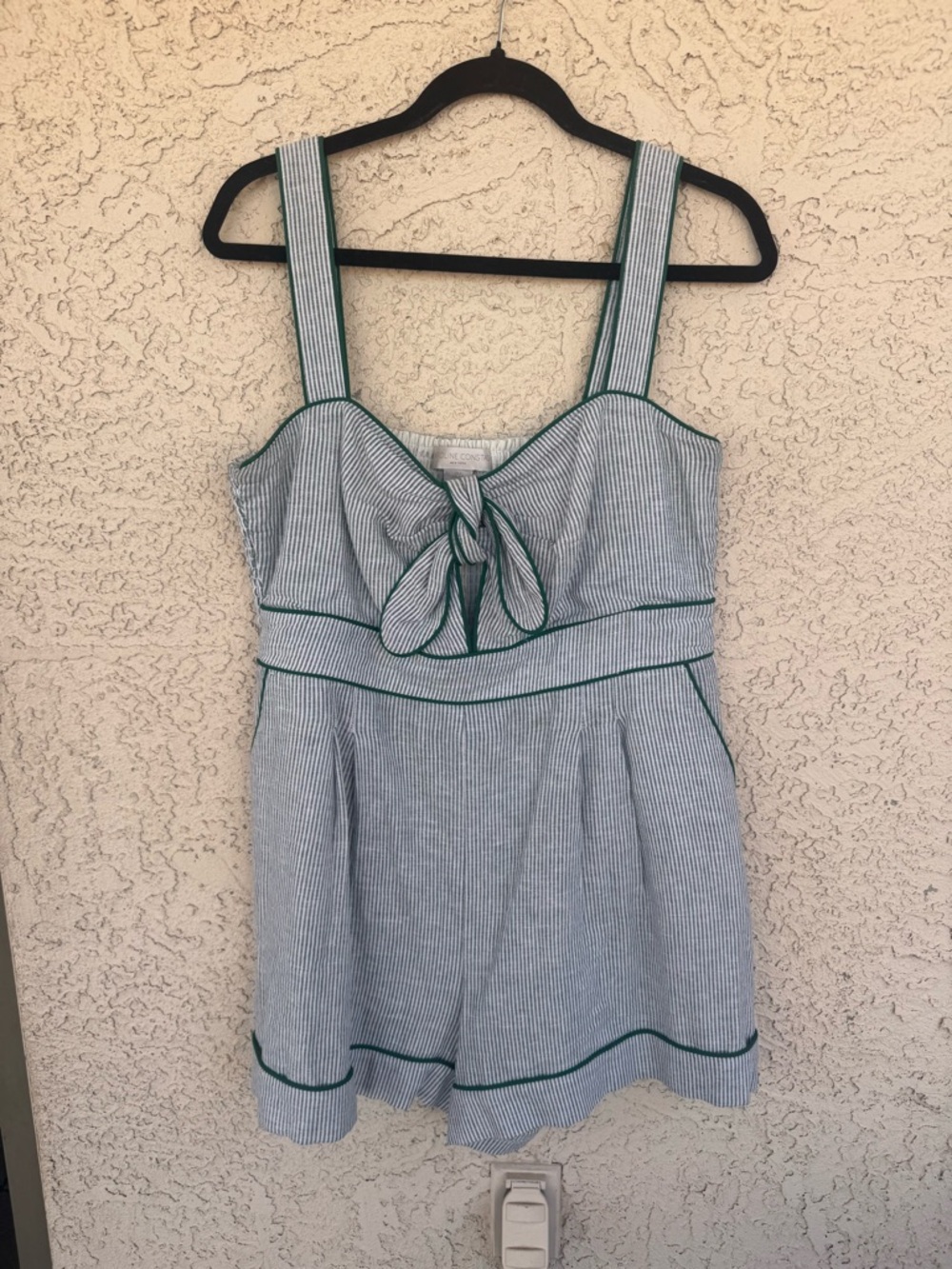 Caroline Constas Green-Trim Striped Tie Romper